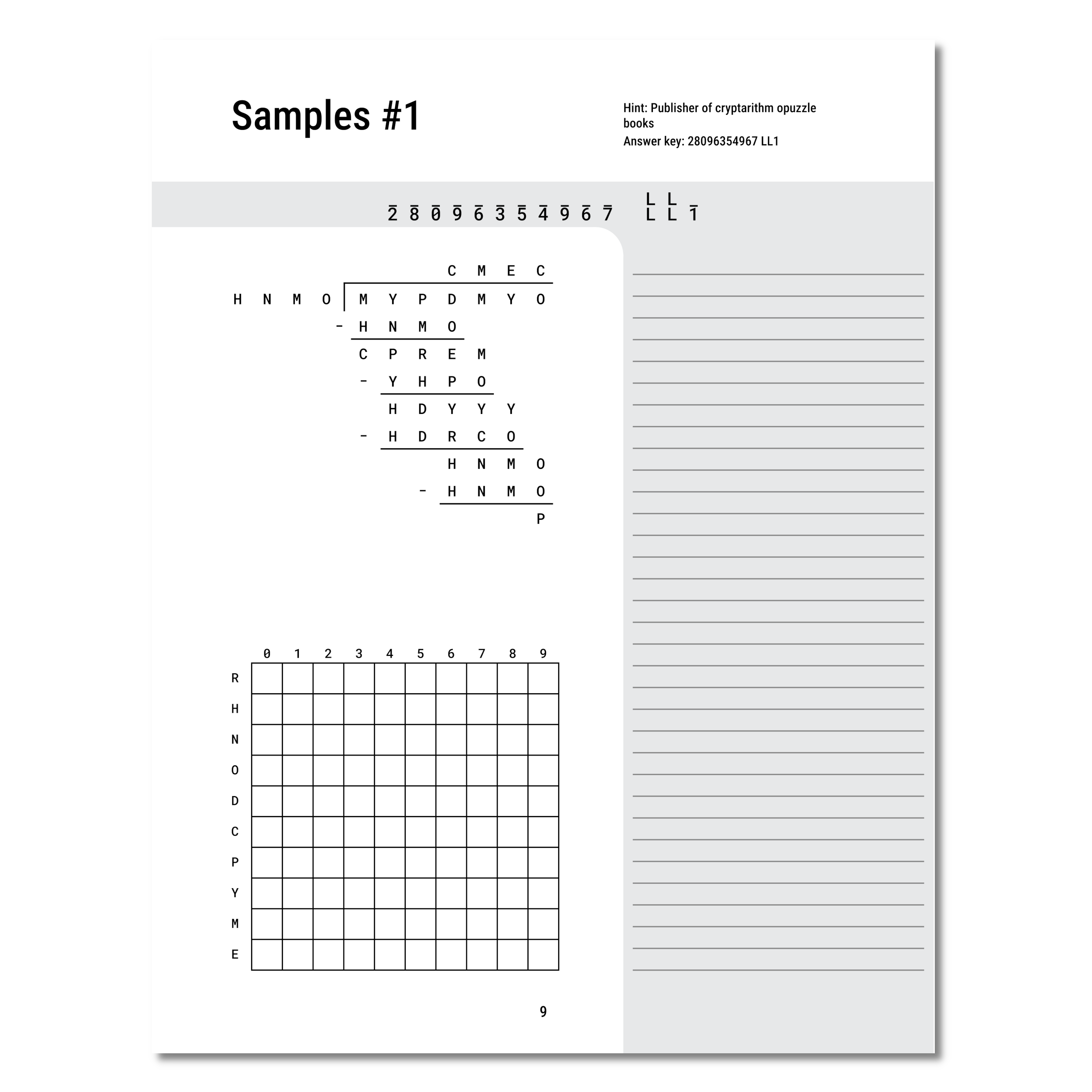 Sample cryptarithm worksheet page